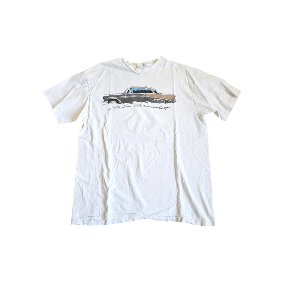 56 Chevrolet Bel Air Car White Beige Gray T-shirt Sz XL Chevy 1980s
